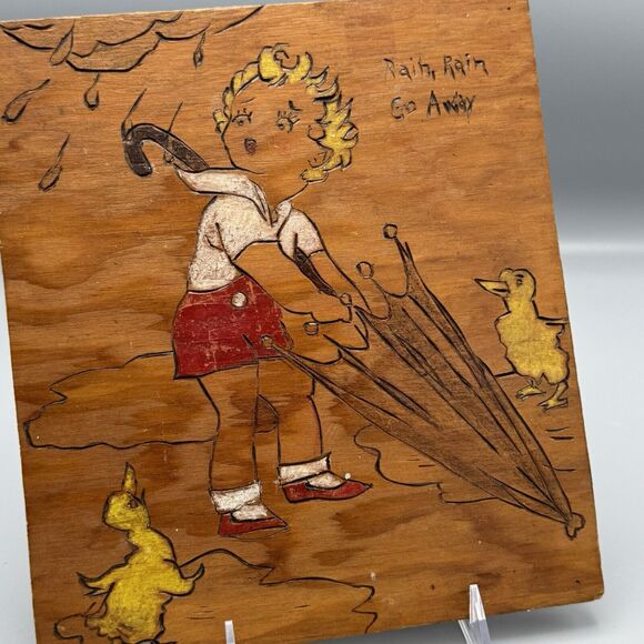 Vtg Pyrography Wood Art Painting Rain Rain Go Away Nursery Rhyme Wall Decor - Picture 4 of 12